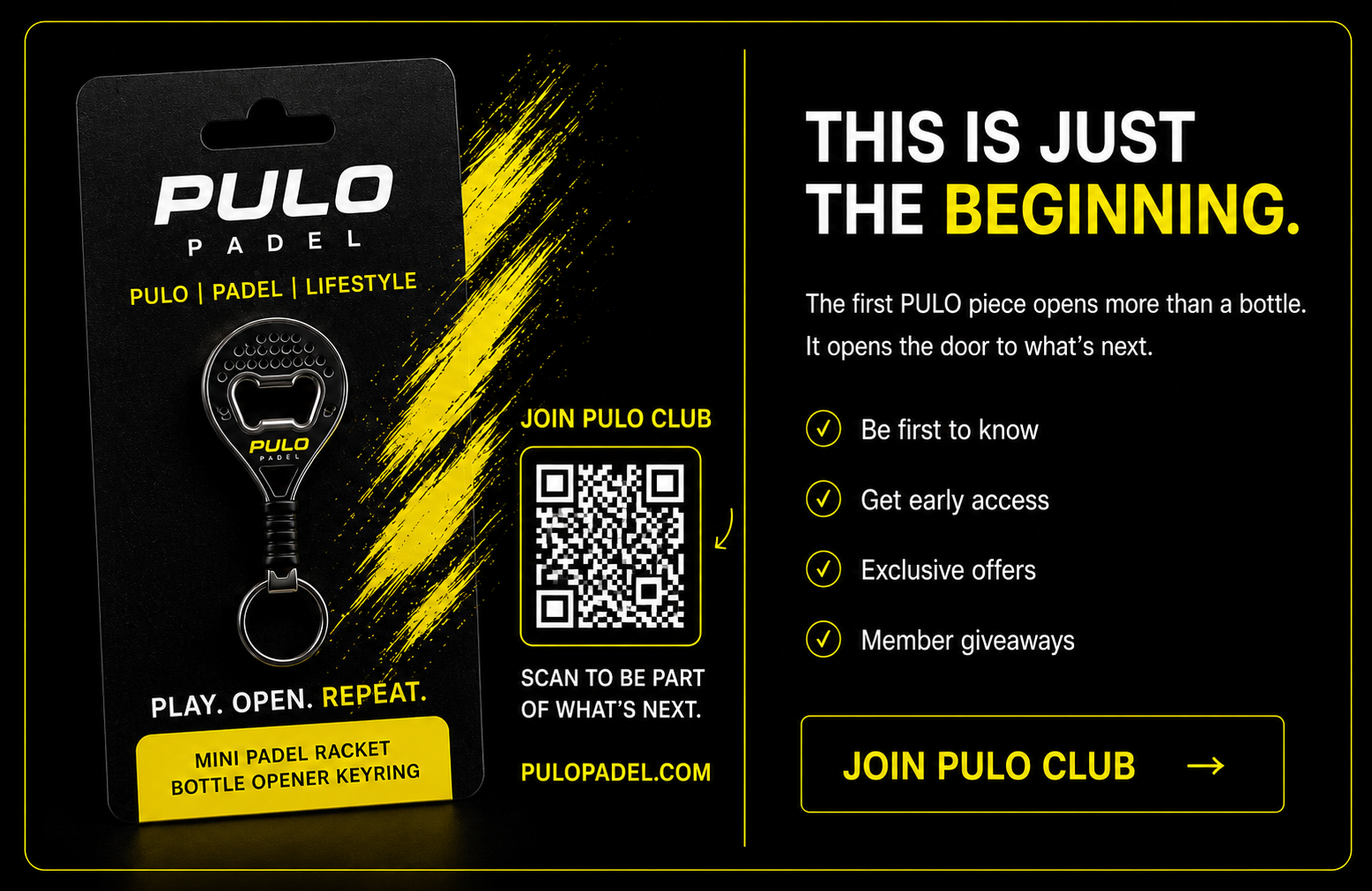 PULO PADEL mini racket bottle opener and PULO Club launch artwork